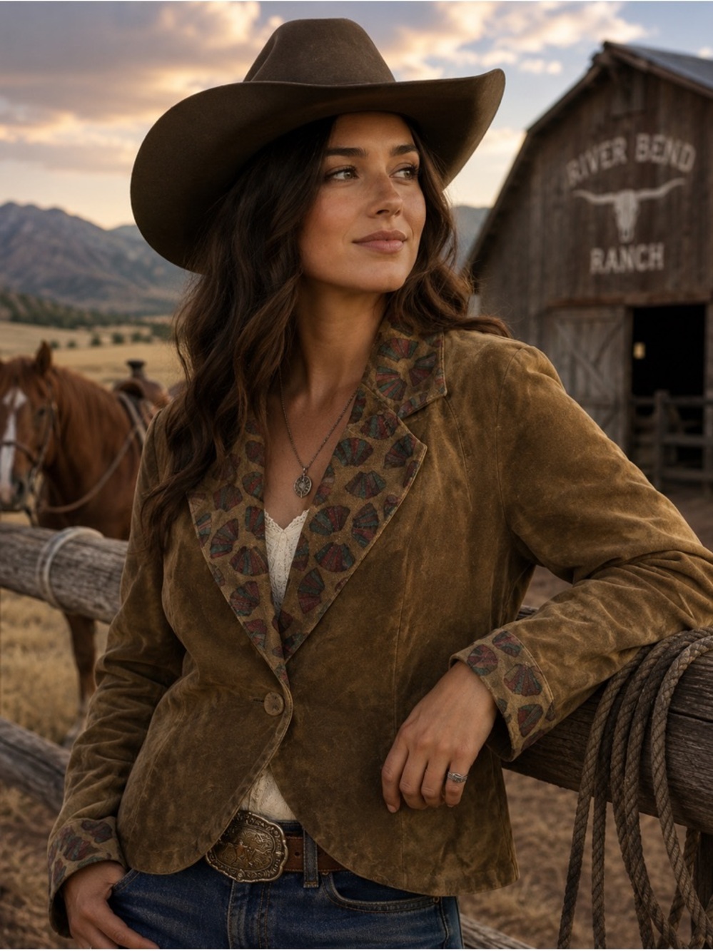 Danier Brown Suede jacket with Patterned “Fan” design trim - M